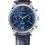 Vescari Chestor staal blauwen wijzerplaat blauw lederen band Gentlemens Watches