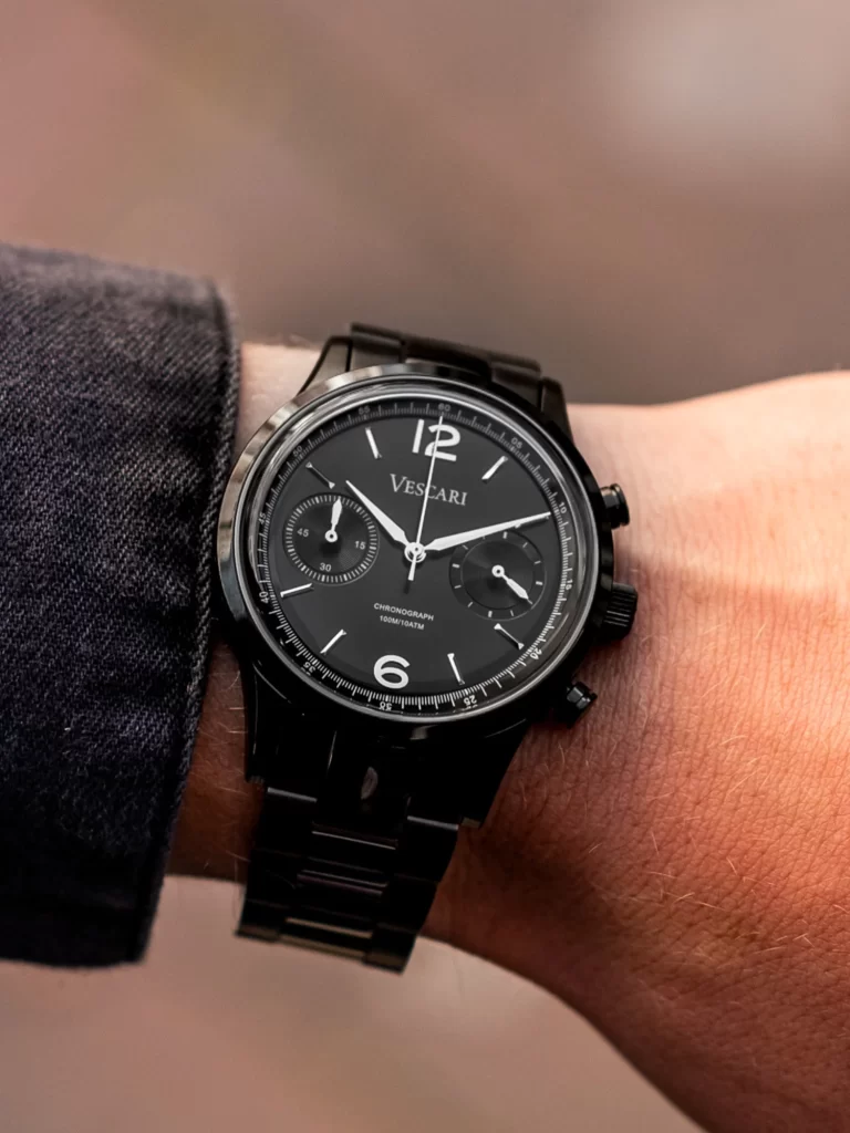 Vescari Chestor 40mm Zwart Staal Zwarten Wijzerplaat Zwart Stalen Band Met Vlindersluiting - Afbeelding 2